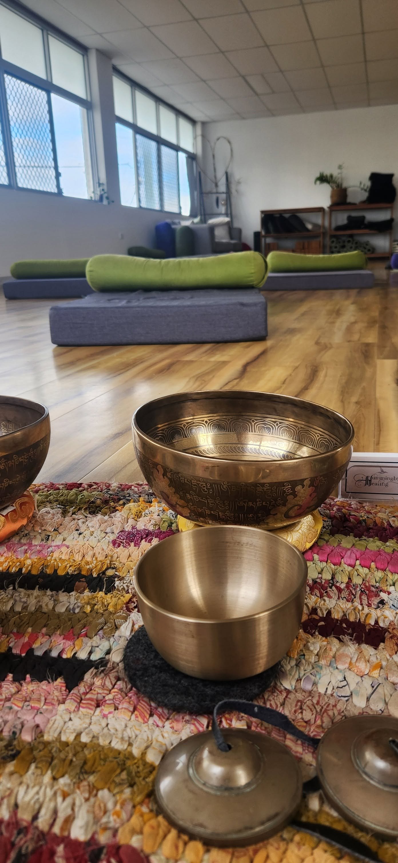 Tibetan singing bowls set up in the studio