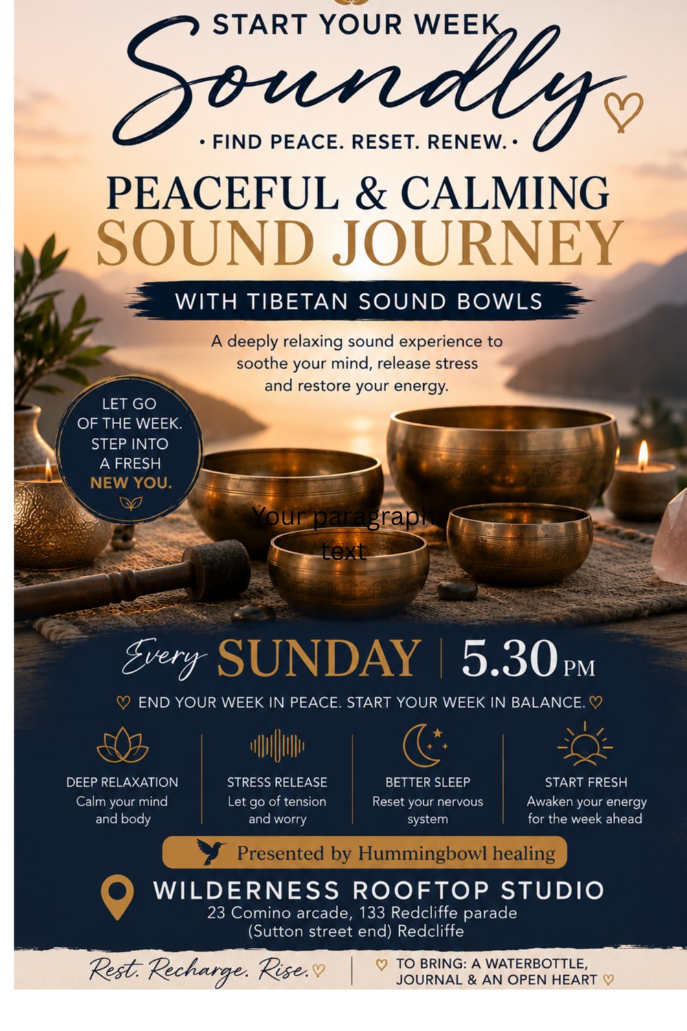 Start Your Week Soundly flyer — a peaceful Tibetan sound bowl journey every Sunday at 5:30pm at Wilderness Rooftop Studio, Redcliffe